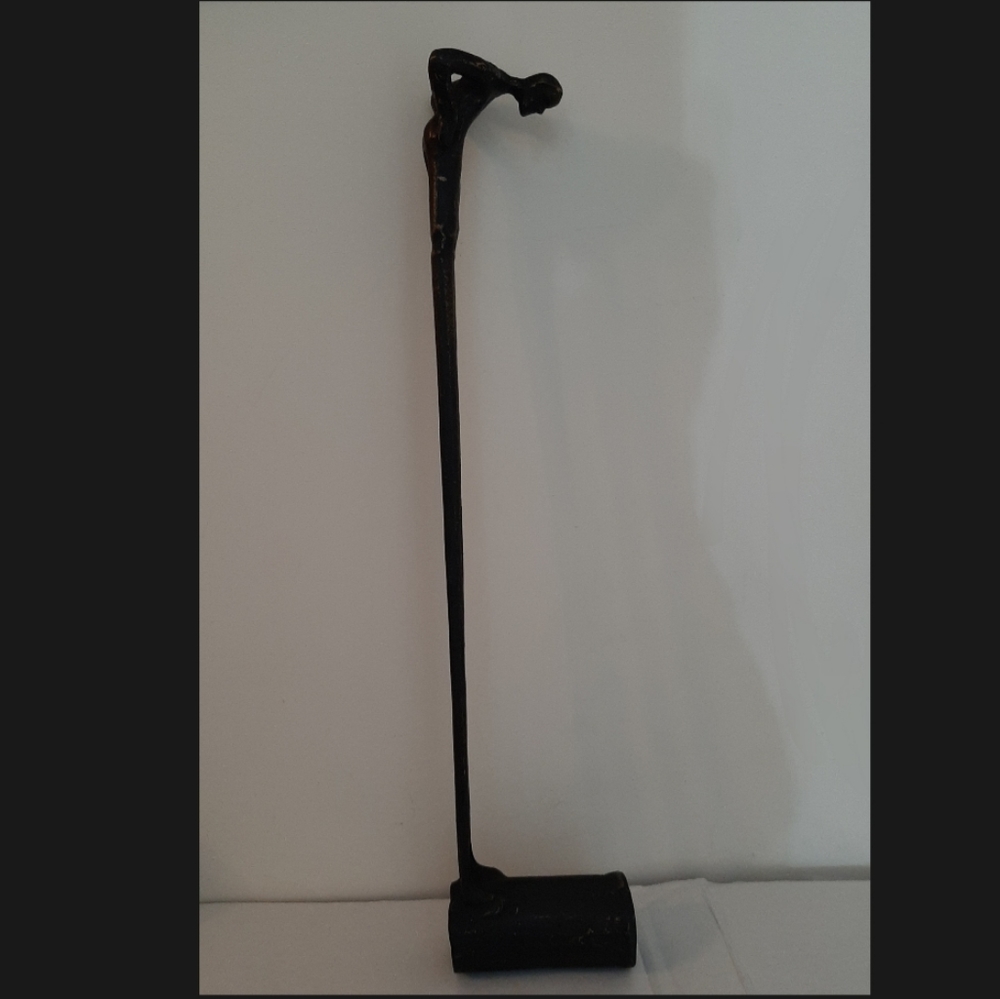 Rustic Cast Metal Long Legged Man Figure Abstract Standing On Log